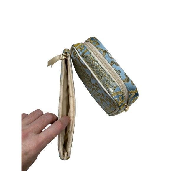 Vtg 60s Baby Blue Gold Chinoiserie Vanity Case 3pc Cosmetic Travel Bag Set - Picture 10 of 10